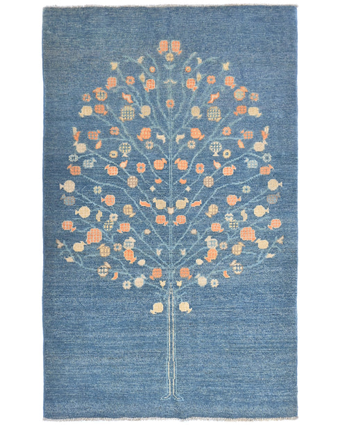 3x5 Blue Kuba Afghan Hand Knotted Wool Area Rug